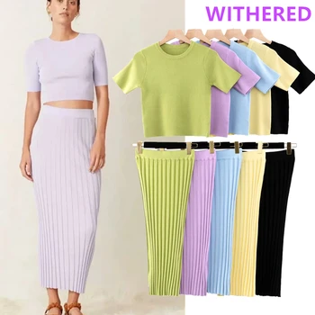 

Dave&Di england ins fashion blogger colorful knitted skinny sexy short t shirt women tshirt skirt women faldas two pieces sets