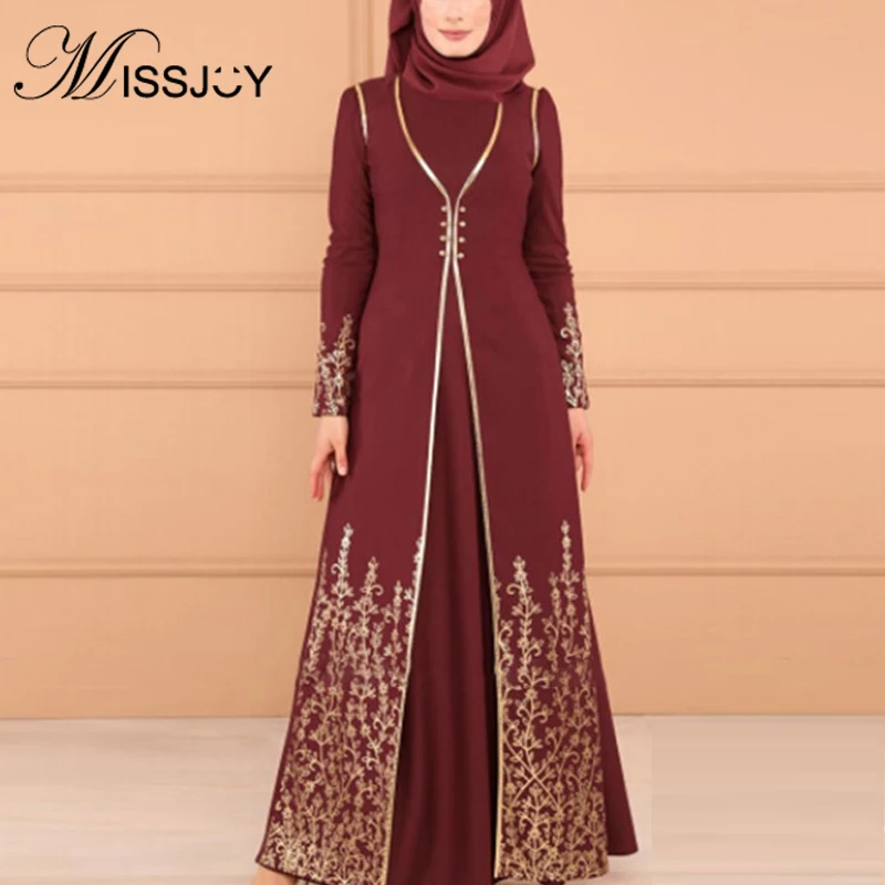 

2019 New Women Dress Muslim Abayas Two Piece Set Printed Arabic Turkish Islamic Clothing Elegant Party Button Dubai Robe