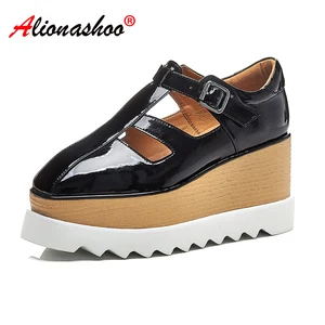 Women Black Flat Platform Shoes Genuine Leather Thick Soled Casual Shoes Womens Buckle Strap Round Toe Spring Shoes Ladies 34-39