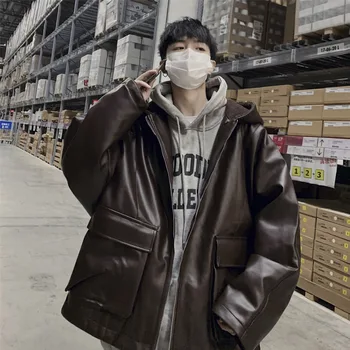 

2020 Spring New Korean Version Of The Hooded Lamb Wool Compound Solid Color Loose Casual Leather Cotton Coat
