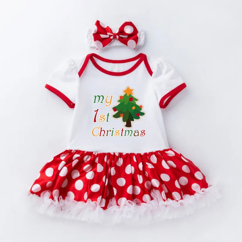 2 piece set Комбинезон с рисунком рождественской елки и юбка-пачка в Горошек Гетры с кружевами для малышей повязка для волос с бантом комплекты одежды для маленьких девочек - Цвет: 2 piece set