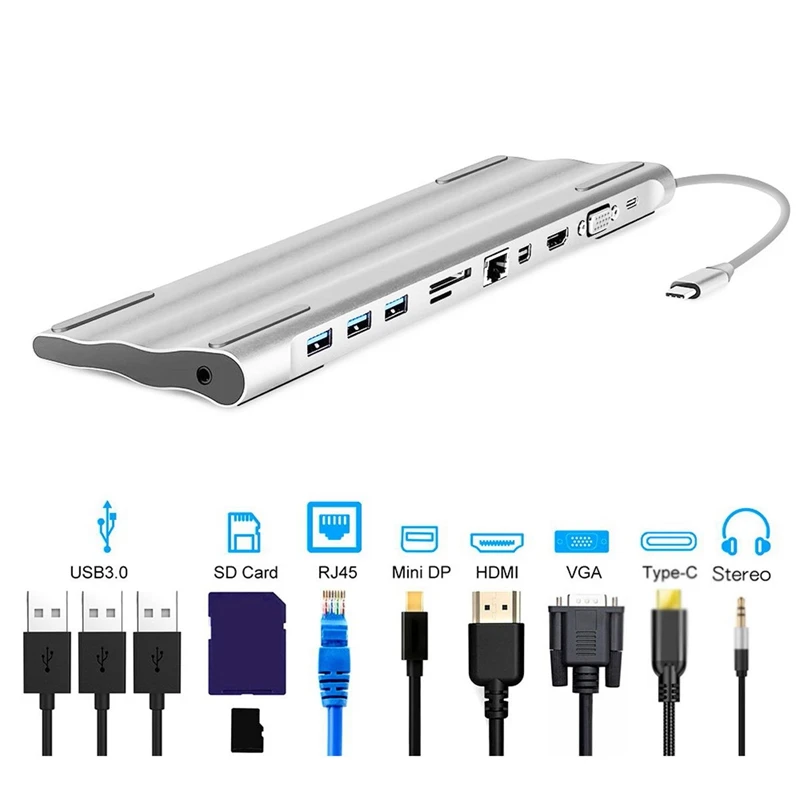 

11 in 1 Thunderbolt 3 Adapter Docking USB-C to VGA HDMI Mini Displayport Ethernet 3 HUB SD Charger Card Reader Multiport Adapter
