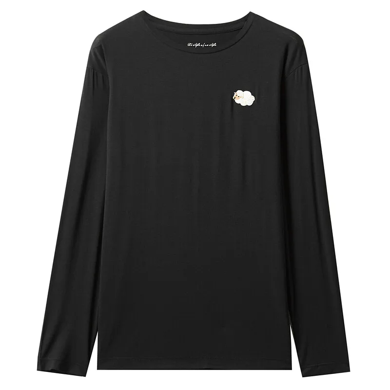 97Black Dordano женская футболка с вышитым животным узором, футболка с круглым вырезом и длинным рукавом, хлопок, женская футболка, повседневные топы 13329810 - Цвет: 97Black