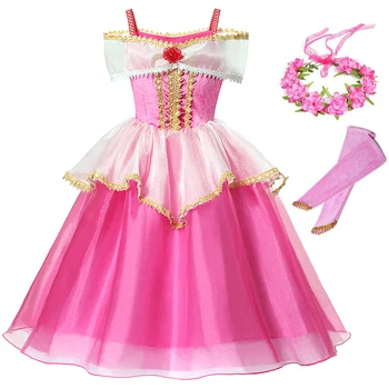

Girls Princess Party Aurore Dress Cosplay Sleeping Beauty Costume Kids Pink Sequined Halloween Dresses Children Fancy Clothes