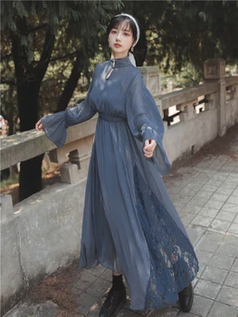 

YOSIMI 2020 Summer Full Sleeve Stand-neck Evening Party Dress Vintage Fit and Flare Mid-calf Chiffon Lace Women Dress Elegant