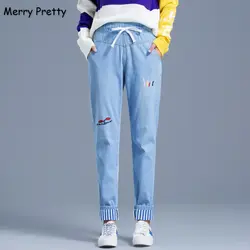 Merry Pretty/женские синие джинсы с вышитыми карманами из мультфильма; джинсовые брюки с эластичной резинкой на талии; прямые Полосатые