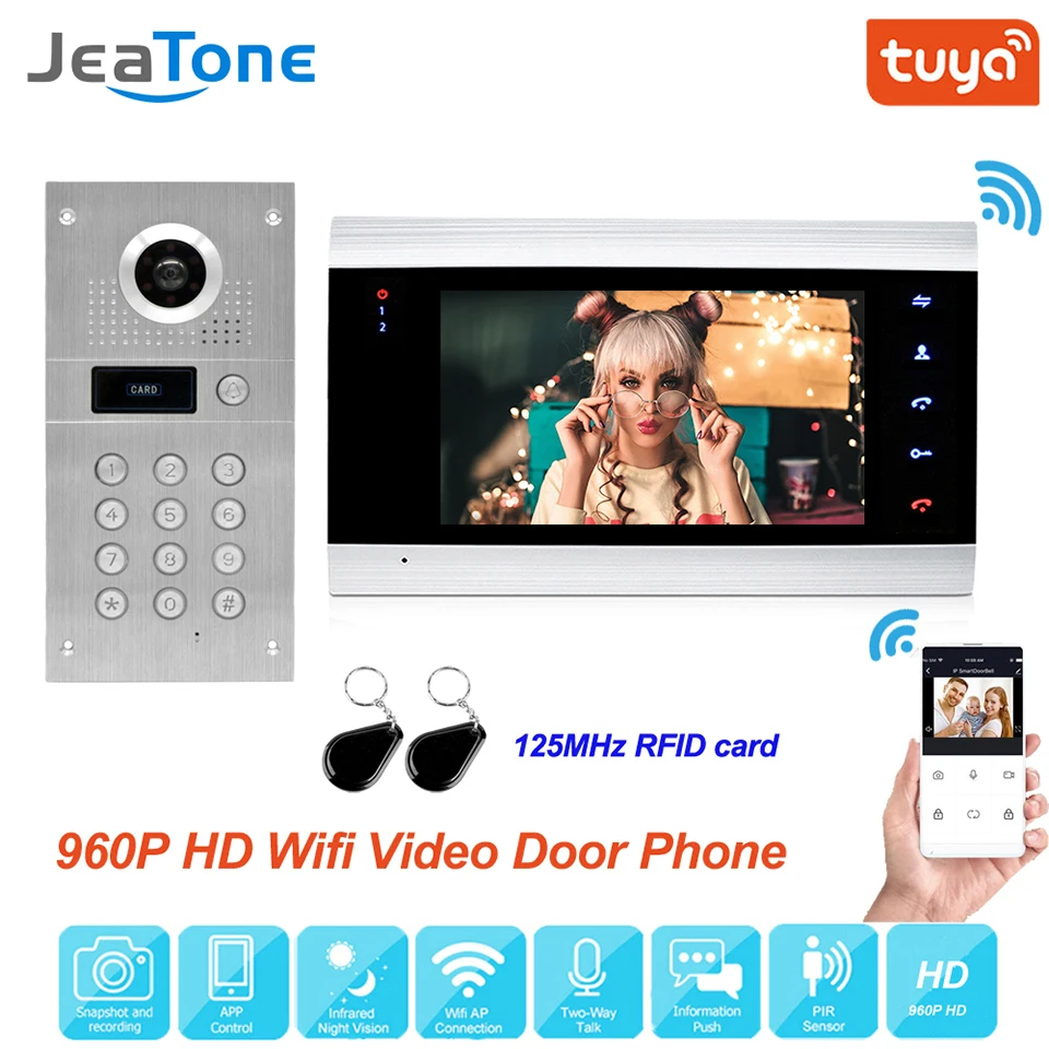 Tuya Smart App Remote Control WiFi Wired Video Door Phone Intercom Access Control System Motion Detection Code Keypad RFID Card