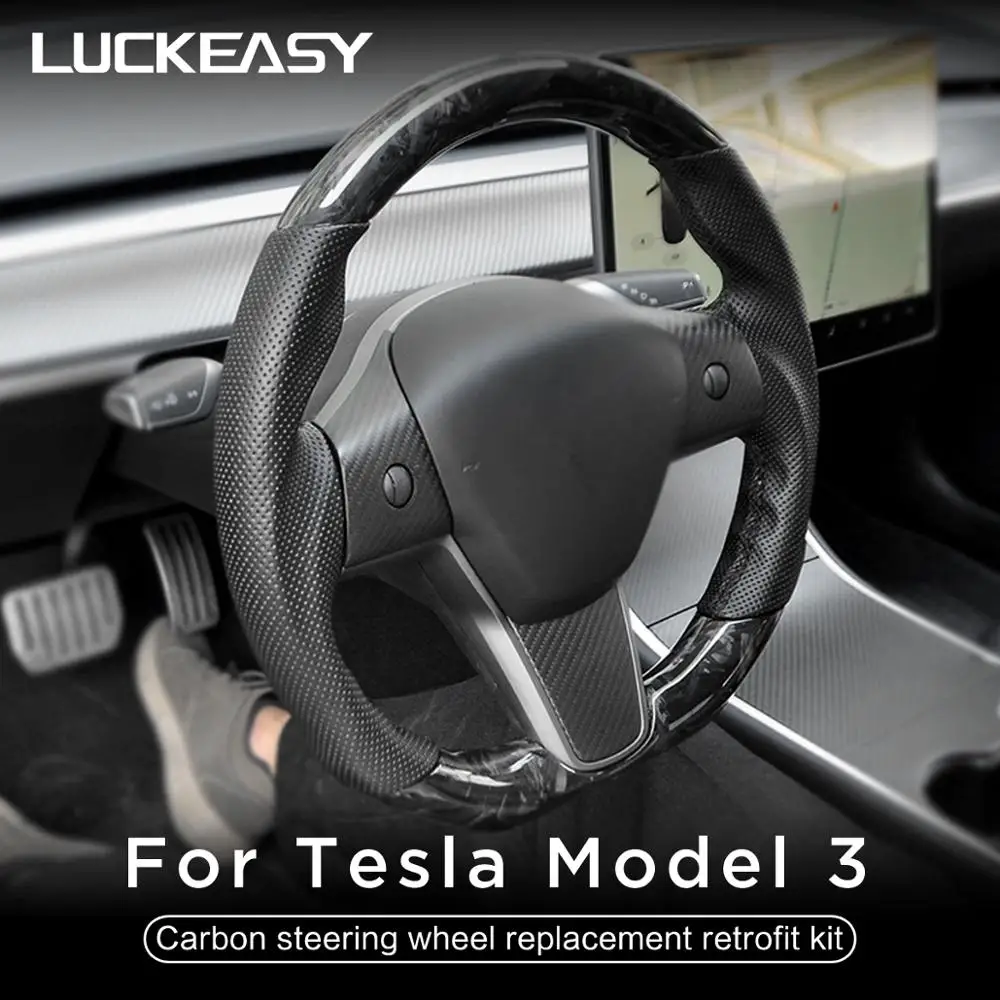 LUCKEASY for Tesla Model 3 2017-2020 interior modification Forged marbling dry carbon fiber replacement whole steering wheel