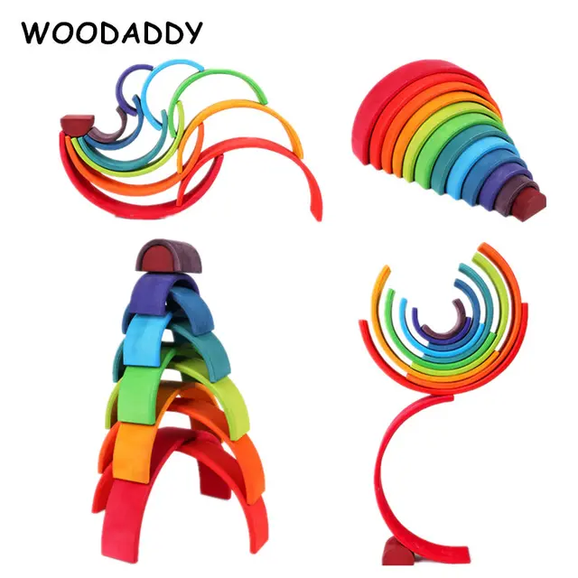 US $32.58 Dropshipping 12Pcs Rainbow Blocks Wooden Toys For Kids Sunset/Nature Wood Rainbow Building Blocks E