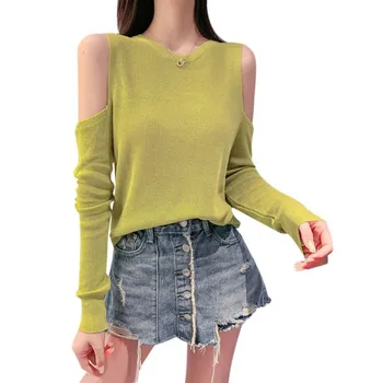 

Korean Solid Sweater Femme Sexy Off Shoulder Casual Long Sleeve Pullover Tops Woman Clothes O-Neck Sweaters Pullovers