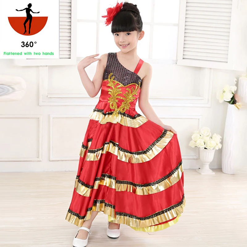Испанская Цыганская юбка для фламенко для девочек, Национальный полосатый костюм для танца живота, красный праздничный костюм с корридом, платье DL5143 - Цвет: 360 degree