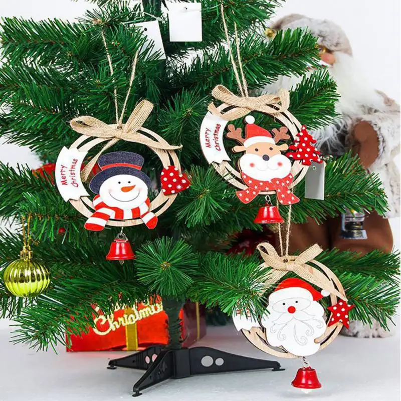 

2019 New Year Wood Christmas Decorations Pendant Round Shape with Burlap Rope Bow and Mini Bell Colorful Painted