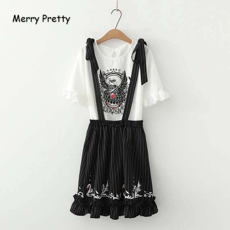 

Merry Pretty Cotton Women Two Piece Sets Top And Skirts 2019 Sweet Flare Sleeve O-Neck Cartoon Print T Shirt Strap Mini Skirt