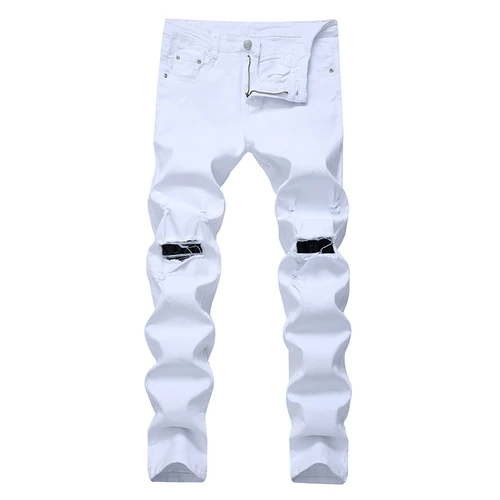 Белый Fall/winter knee big hole jeans European and American fashion high street boys stretch slim leggings - Цвет: Белый
