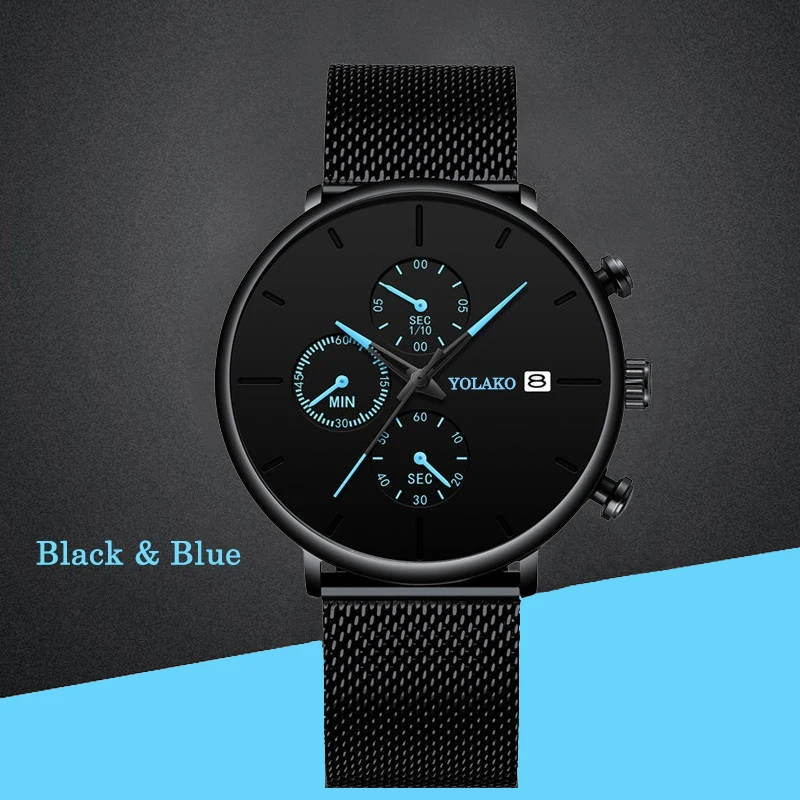 M black blue Классические черные мужские наручные часы со стальным ремешком, Роскошные Кварцевые часы с календарем из нержавеющей стали, мужские деловые аналоговые часы Uhren Herren - Цвет: M black blue