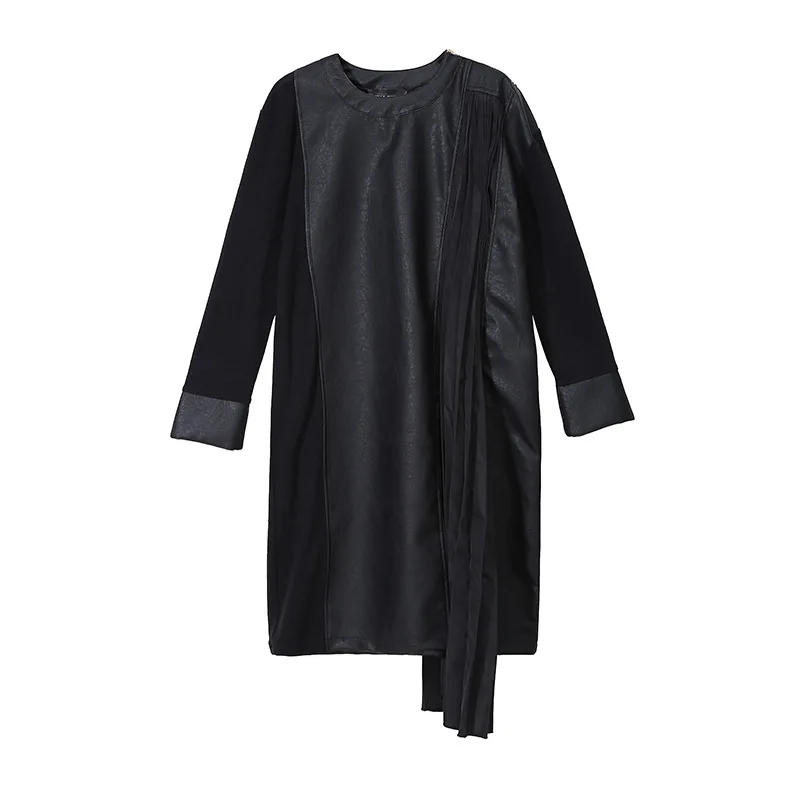 black ZLL4524 XITAO размера плюс лоскутное платье из искусственной кожи женская одежда зима ассиметричный пуловер полный рукав подходит ко всему элегантное платье Новинка ZLL4524 - Цвет: black ZLL4524
