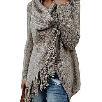 

Knitted Women Long Sleeve Sweaters Autumn Woman Knitting Sweaters Irregular Tassel Sweater Plus Size Scarf Collar Tops 2020