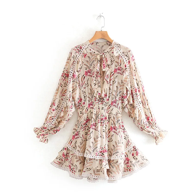 

2019 Spring Europe And America WOMEN'S Dress New Style Beige Bohemian Style Lace-up Joint Holiday Dress 9466