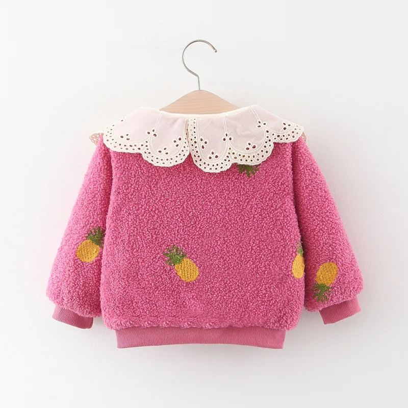 Winter Warm Baby Girls Pineapple Lace Lapel Collar Thick Fleece Jacket Infant Cardigans Kids Outerwear Casual Coats casaco