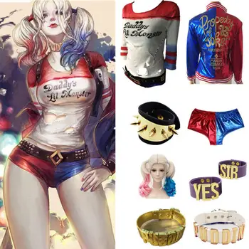 

New Women Adult Suicide Squad Harley Quinn Cosplay Costumes Halloween Jacket Daddy's Lil Monster T Shirt Shorts costumes Sets