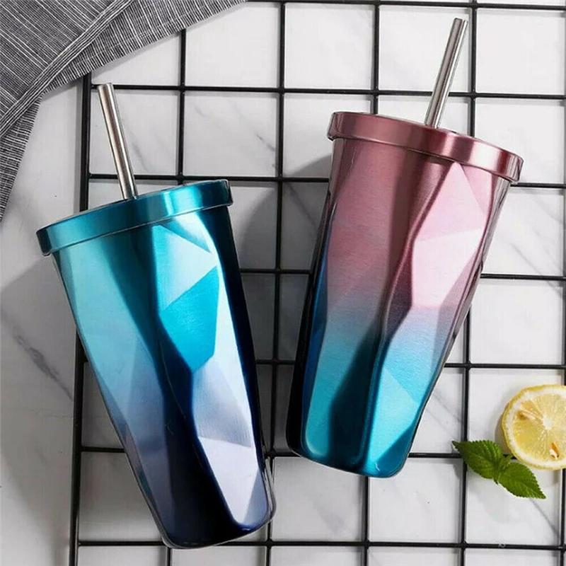 

Gradient Cup with Straw 500ml Stainless Steel Travel Mug Drinks Vacuum Cup 4 Colors Hot & Cold Double Wall Drink Mug Coffee Cups