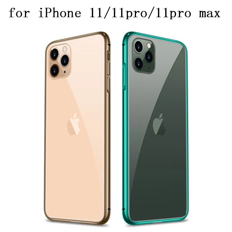 

Transparent Tempered Glass Back Phone Case For iPhone 11Pro/11Pro Max Metal Bumper Skin for iPhone 11 Case + Screen Protector