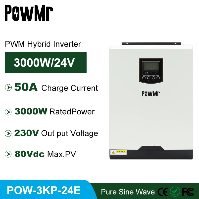 PowMr PWM 50A 3000W Solar Charger Inverter 24V 230VAC 50Hz/60Hz Pure
