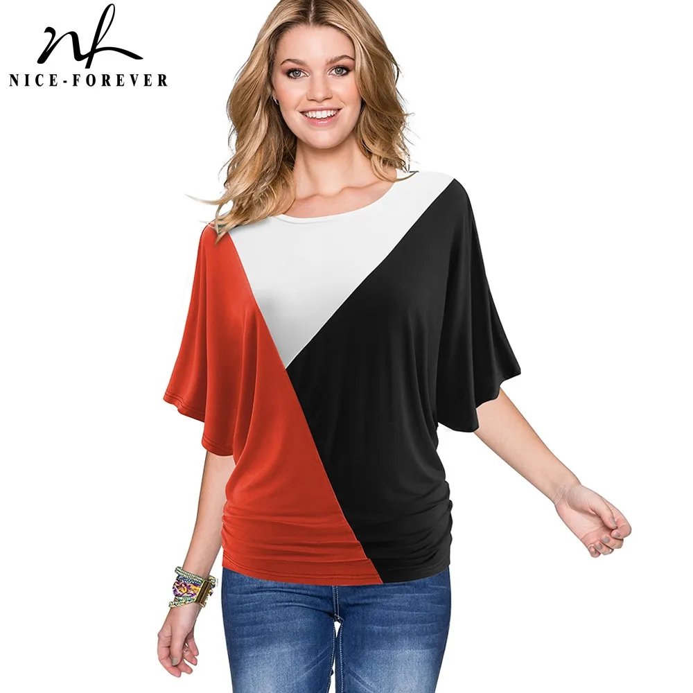 Nice forever Casual Contrast Color Patchwork T shirts Draped Loose Summer soft Women