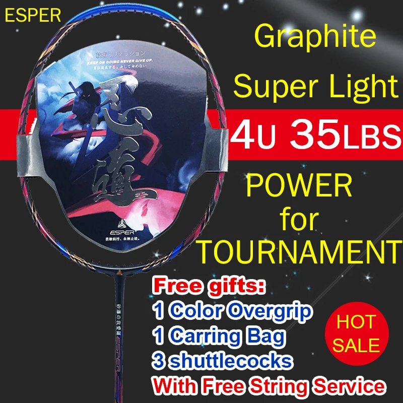 

ESPER Badminton Racket 4U High Quality Graphit Carbon Fiber Racquet Lightweight 35LBS With String Overgrip Professional Adult
