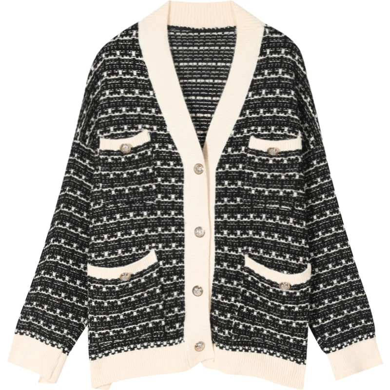 Черный ELFSACK Colorblock Metal Button Vintage Knitted Cardigans Women Sweaters Winter Single Breast Office Ladies Daily Sweet Top - Цвет: Черный