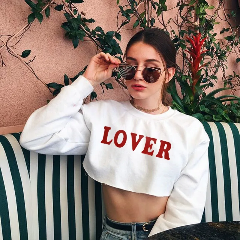 

Crop Sweatshirt Top LOVER Letter Print Long Sleeve Crop Top White Black Yellow Gray Short Sweatshirts for Women Ladies Female