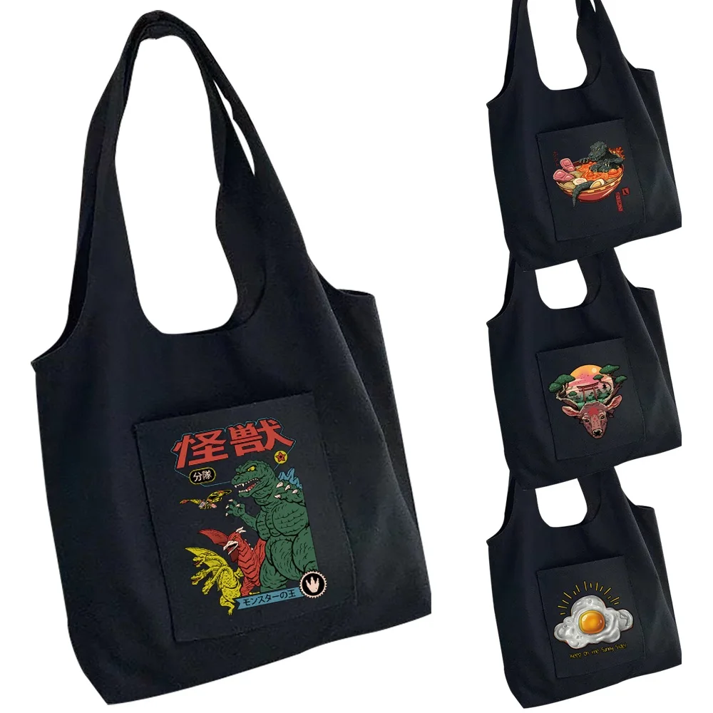 

Tote Bag Canvas Bag Women Shopper Handbags Portable One-shoulder Japan Animation Monster Printing Pure Cotton Women Bags