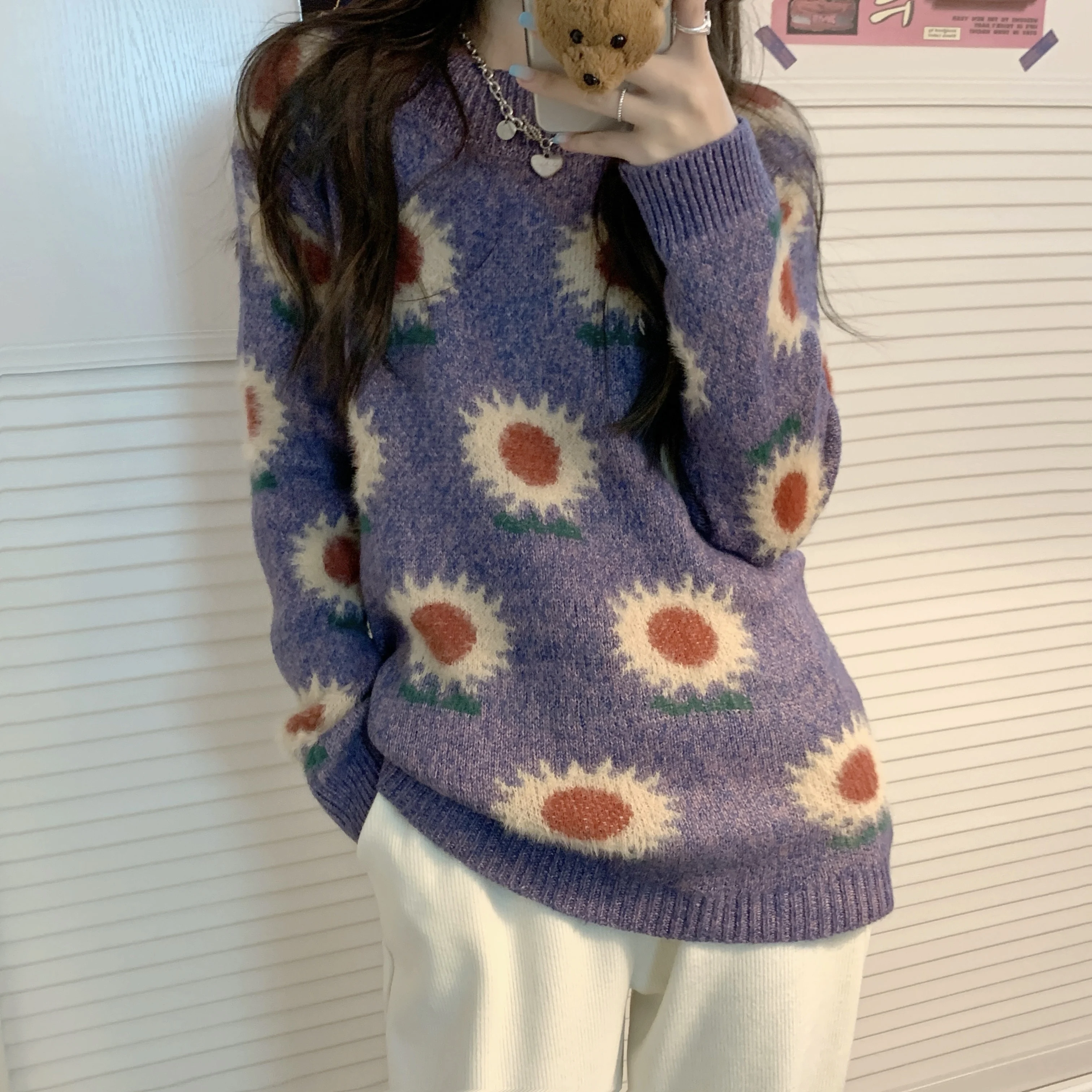 New Autumn Winter Sun Flower Sweater Womens Casual O-Neck Long Sleeve Fashion Pullover Tops Female Korean Cute jumpers 2021 | Женская