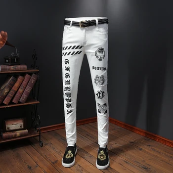 

2020 Fashion Jeans Homme White Designer Print Skinny Jeans Men Casual Slim Cotton Denim Pants High Quality Plus Size 28-36