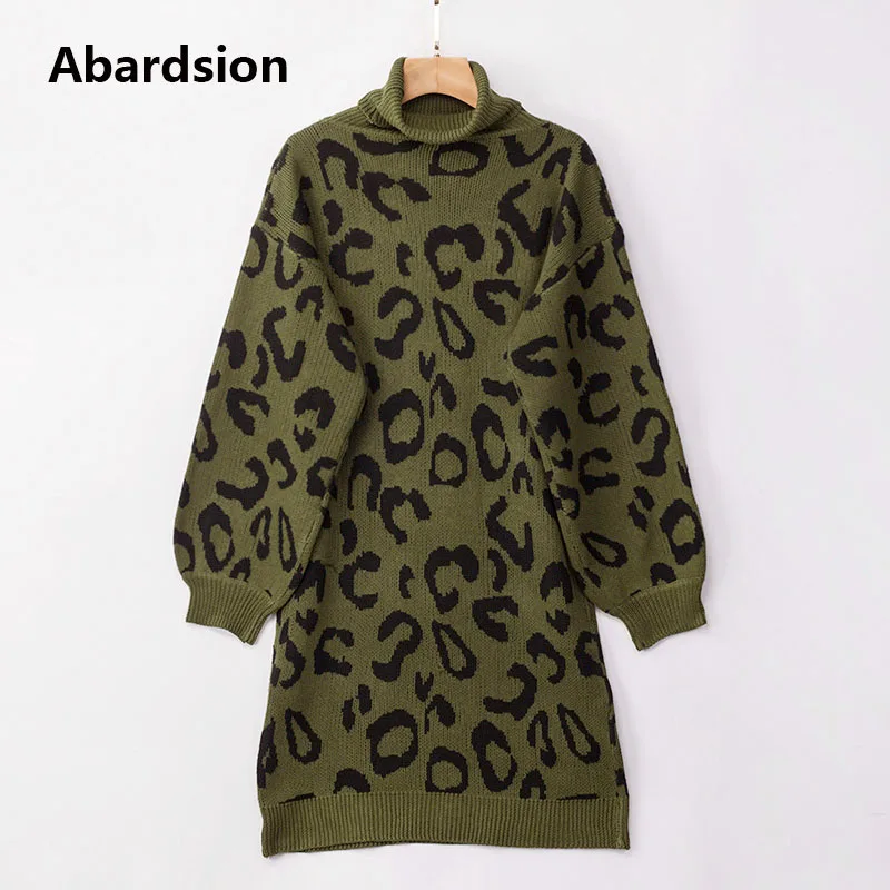 Abardsion, Женский вязаный свитер, платье, повседневное, базовый, длинный рукав, водолазка, Леопардовый принт, негабаритные, Осень-зима, платья - Цвет: Армейский зеленый