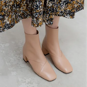 

ENNIS Female Ankle Boots High Heel Women Square Toe Boots Leather Short Boots Autumn Winter Square Heel Zip Shoes Fashion A0123