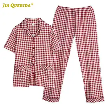 

Front Pocket Button Turn Down Collar Short Sleeve Long Pants Sleepwear Casual Style Fashion Style Woman Clothes Plaid Printing