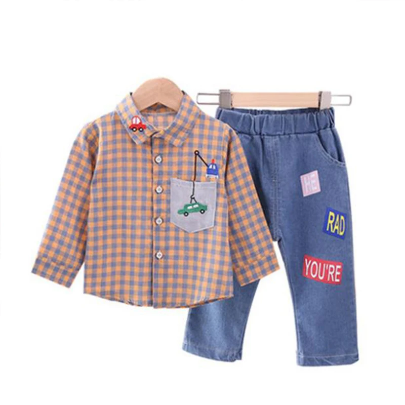 

Cartoon Baby boys 2pcs sets Casual Autumn Clothing Set Plaid Top With Pants Holiday 2pcs Outfits For 12M-4T Baby Boys Winter