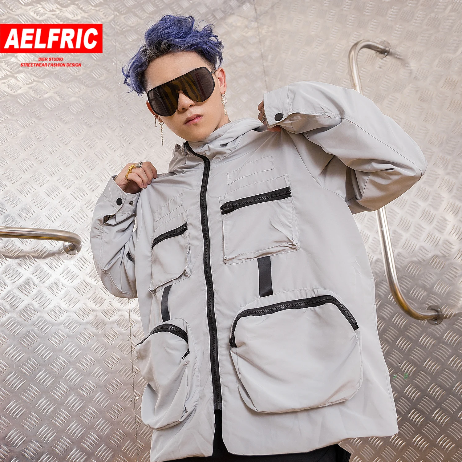 AELFRIC Harajuku Тренч мужские куртки с капюшоном Тренч Мульти Карманы Твердые модные ветровки мужские пальто хип хоп Повседневная Уличная одежда