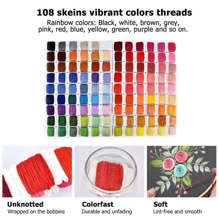 Embroidery Starter Kit For Beginners With Storage Box Pen Needle 50/108 Color Threads Cross Stitch Tools Mom DIY Sewing Set