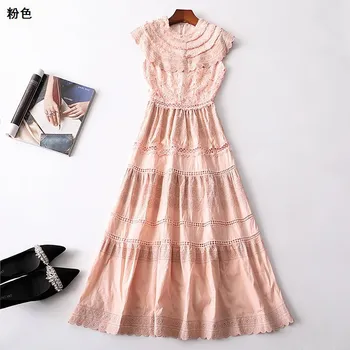 

New 117672 women s Embroidery lace round collar Court style with short sleeves and long pure color dress