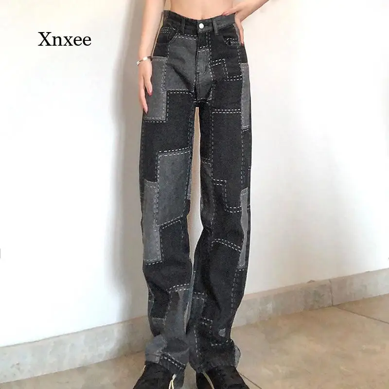 

2021 Black Gray Denim Straight Trousers New Women Long Leg Jeans Fashion Casual High Waist Y2K Patchwork with Pockets Bottoms