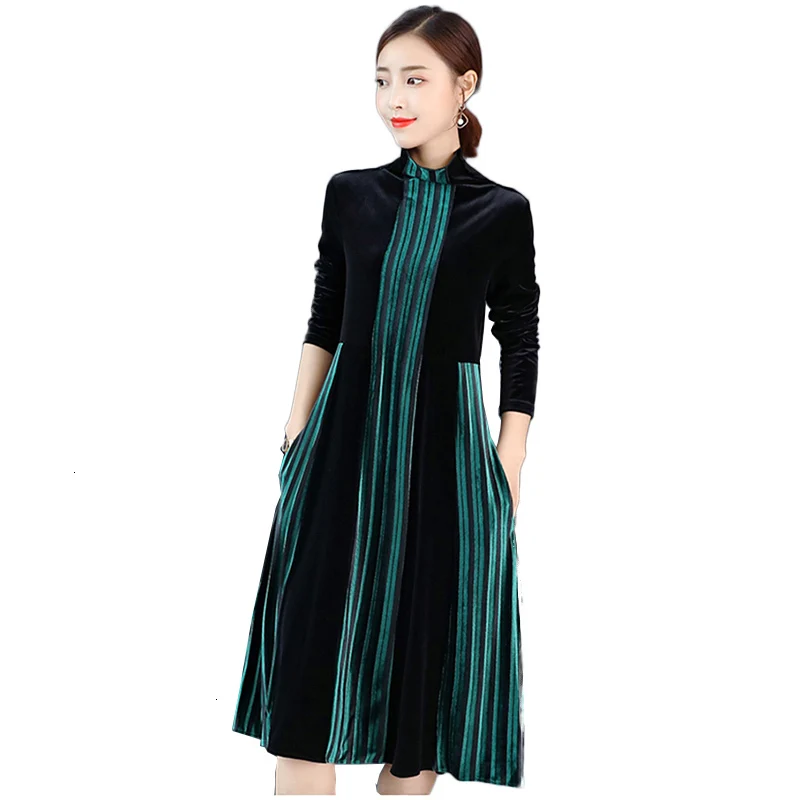 

Elegant Golden velvet Winter Spring Dress New Office Women's dresses Golden velvet Mid -calf Vintage dress Vestidos YM1148