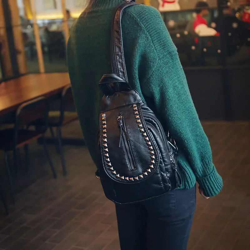 

New Style Washing Shoulder PU Handbag Korean-style Solid Color Locomotive Backpack WOMEN'S Backpack