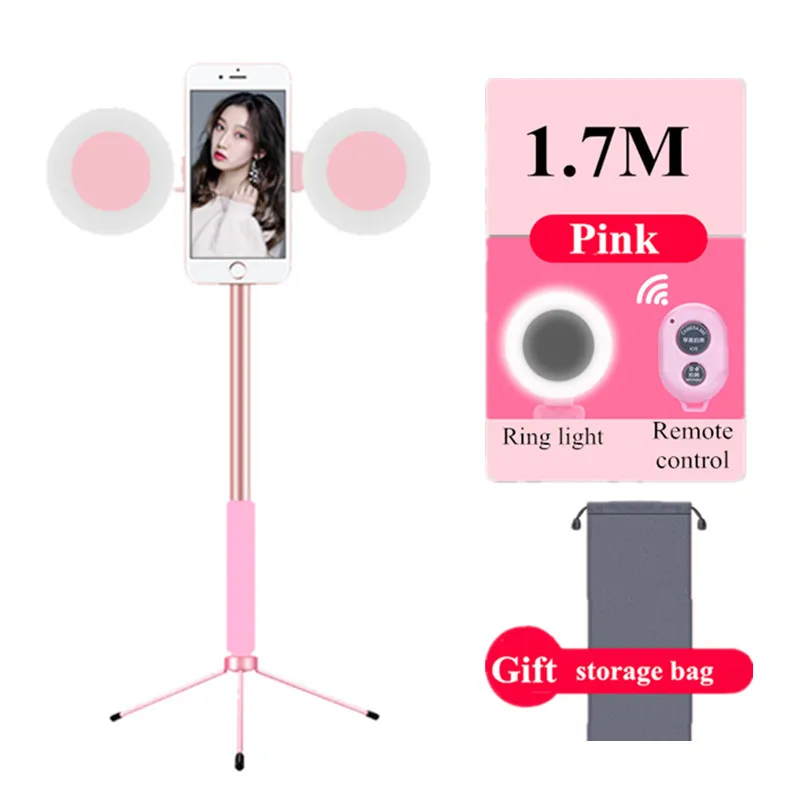 Pink 2Light control Bluetooth 1,7 м селфи палка штатив с светодиодный кольцо заполняющий свет телефон стенд монопод 360 вращение для смартфон мобильный фото - Цвет: Pink 2Light control