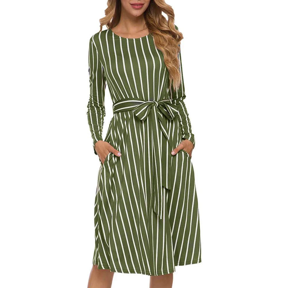 

Women Slim Fit A-line Dress Fashion Casual Striped Print Round Collar Long Sleeve Dresses With Belt Ladies Beach Dress Vestidos