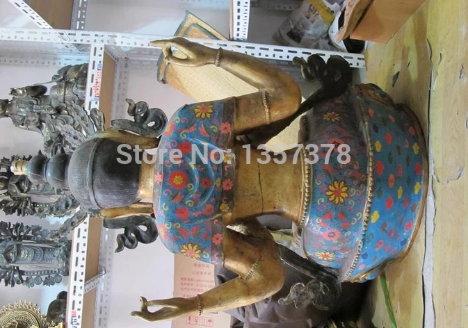005523 3" огромный тибетский буддизм, Бронзовый Gild Cloisonne четыре руки Kwan-Yin статуя Будды