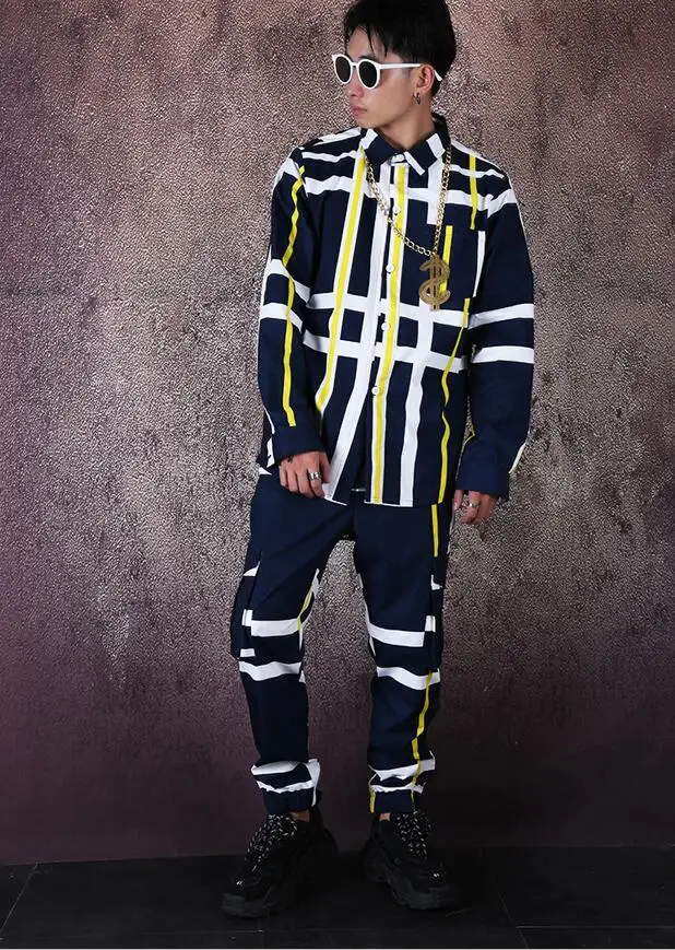 shirt and pant M-6XL! рубашка в полоску, костюм, комбинезон, рубашка хипстер с принтом большого имени, рубашка для парикмахера - Цвет: shirt and pant
