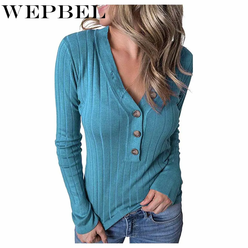 

WEPBEL Women's Long Sleeve V-neck Casual Button T-shirt Tops Autumn Fashion Solid Color Slim T-shirt