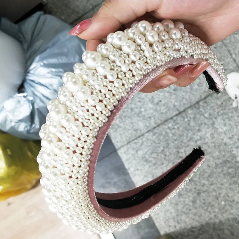 5 Colors Baroque Beaded Headband Head Chain Soft Sponge Hairbands Pearl Crown Head Accessories Fashionable, Western Style